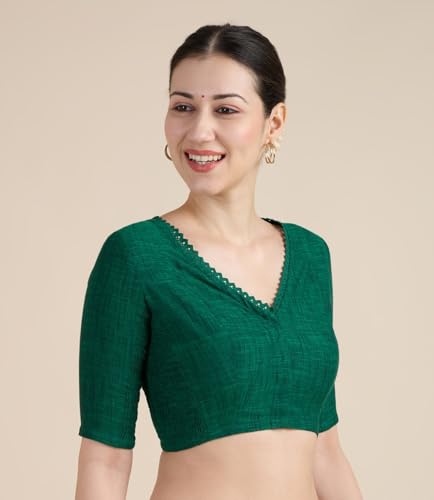 Image of Studio Shringaar Women's Handloom Cotton Side Stretchable (Smocked) Readymade Saree Blouse with Crochet Neckline