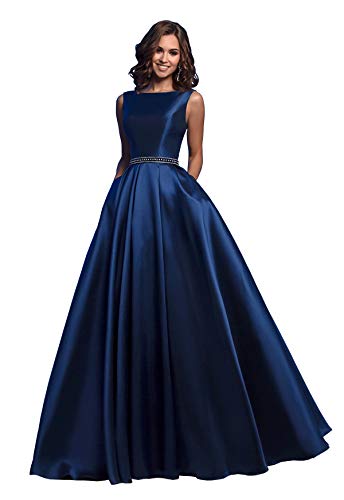 OFEECHUN Women's A Line Satin Prom Dresses Long Ball Gown Ruched Beaded Evening Formal Party Dress with Pockets