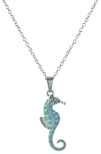 Seahorse Necklace Silver Tone and Aqua Colors - 20 inch chain by Cape Cod Jewelry-CCJ