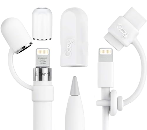[4-Piece] PencilCozy Combo Pack Cozy - Original Apple Pencil Accessories (Magnetic Cap/Cap Holder/Keeper/Tether) Compatible Apple iPad Pro iPencil Charger/Nib | Case Friendly Design (White-Combo)