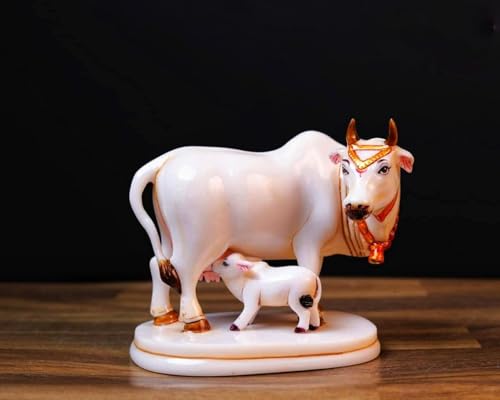 Image of Calf Statue in Marble Dust, 9CM Holy Cow. Idol, Showpiece for Home Decor, Handmade Divine Cow., Mother Cow.with Baby Calf, kamdhenu Gold