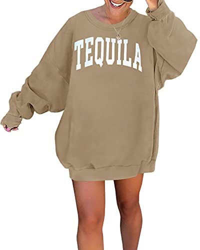 Yobecho Womens Letter Printing Loose Round Neck Solid Color Oversized Sweater Pullover Sweatshirts Khaki