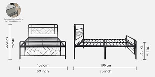 Image of Vara Metal Queen Size Bed Without Storage | Wrought Iron Double Bed with Headboard & Footboard | Sturdy Powder Coated Platform Bed Queen Size Cot for BedroomLivingRoom Black (75x60)
