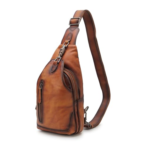 Image of Genuine Leather Sling Bag for Men and Women Chest Pack Purse Crossbody Shoulder Bag Sling Backpack (Brown)