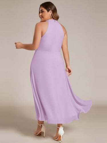 Image of Ever-Pretty Plus Women's Sleeveless Halter A Line Pleated High Low Plus Size Wedding Guest Cocktail Dresses 31926-DA