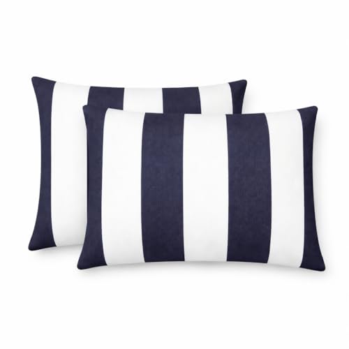 RSH DECOR: Sunbrella Jumbo Lumbar Pillows Set of 2 | 26" x 16" | Water & Fade-Resistant | Outdoor Pillow Covers with Down-Alternative Inserts | Made in USA (Cabana Midnight Navy Stripe)