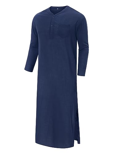 TURETRENDY Men's Linen Kaftan Thobe Long Sleeve Robe Gown Casual Longline T Shirts with Pocket3