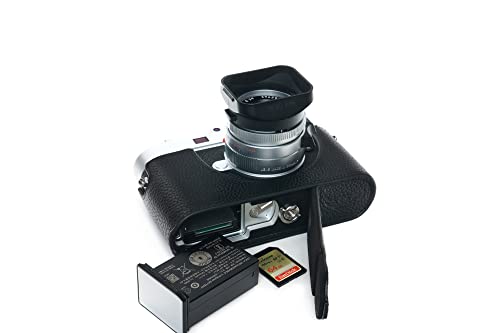 Bolinus For Leica M11 Camera Case, Handmade Genuine Real Leather Half Camera Case Bag Cover For Leica M11 Camera Bottom Opening Version + Hand Strap (Black B) #TOP2