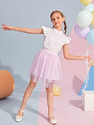 Oyoangle Girl's Summer Pearls Beaded Ruffle Cap Sleeve Keyhole Blouse Tops Shirt White 10Y #TOP4