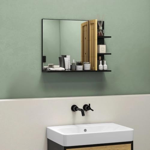HOMCOM Miroir Mural de Salle de Bain avec étagères de Rangement - 3 étagères latérales + 1 étagère inférieure - Bois de Bambou Noir