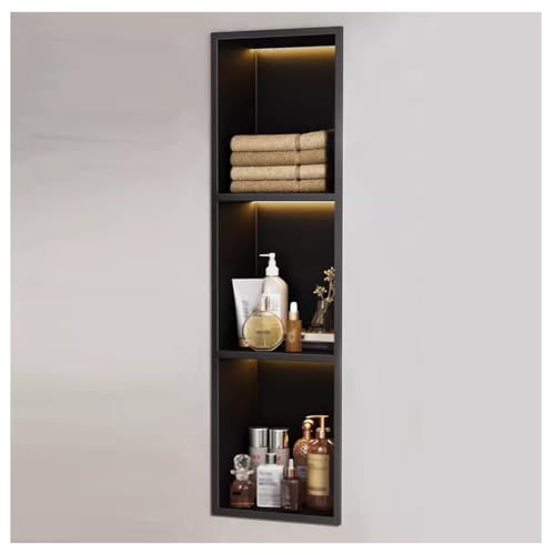 GZHERVICES Nicho Empotrable De Pared con Luz Led, Nicho De Ducha De Acero Inoxidable Negro Mate, 1/2/3 Estantes - Estante De Pared para Almacenaje Y Decoración del Hogar, Impermeable(90x28x12.5cm)