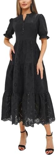 utcoco Womens Eyelet Lace Embroidered Dress Elegant V Neck Short Puff Sleeve Tiered A Line Midi Dresses (Small, Black)