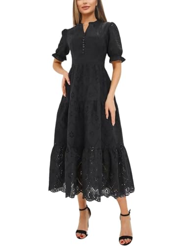 utcoco Womens Eyelet Lace Embroidered Dress Elegant V Neck Short Puff Sleeve Tiered A...