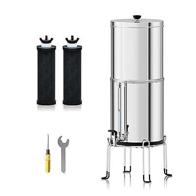 Purewell Gravity-Fed 1.5 Gallon Stainless Steel Countertop Water Filter System with Water Level Gauge Faucet – Perfect for Kitchen Use, Camping, and Adventure
