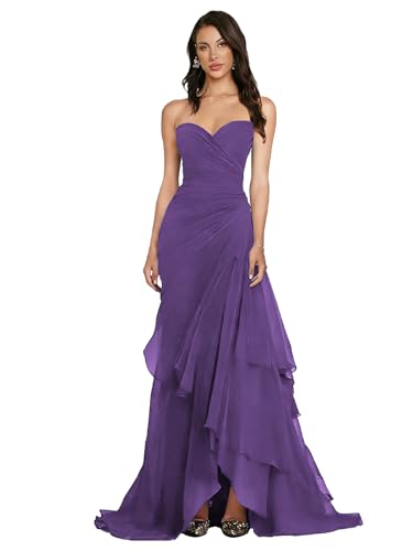 OUYAMEI A-Line Corset Prom Dress for Women Strapless Ruffles Formal Dresses Chiffon Ruched A-Line...