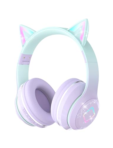 YOYOTUNE Bluetooth Kids Headphones,Cat Ear LED Light Up Kids Wireless Headphones,Bluetooth 5.1&Stereo Sound, Foldable,Adjustable Headband,Children Headphones with Microphone for School/Tablet (Purple)