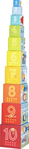 HABA 304238 - Stapelwürfel Feuerwehr, Turm zum Stapeln aus 10 Würfeln, Bausteine aus Pappe mit bunten Feuerwehr-Motiven, Babyspielzeug ab 12 Monaten