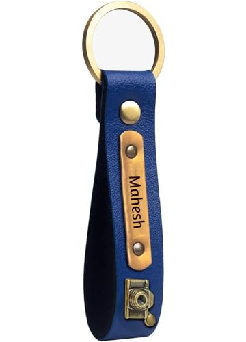 Image of Men's Leather Keychain Name Leather Keychains for Mens | Personalized Keychains with Printed Customized Keychain for Men | Customised Gift Set for Men with Name & Charm, Blue