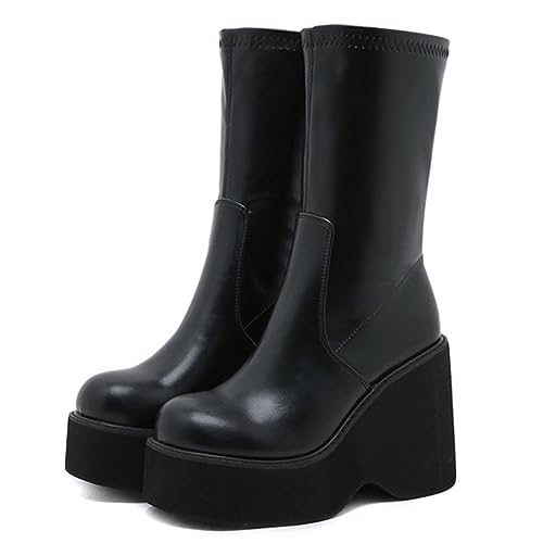 Women's Wedge Heel Goth Mid Calf Boots Black Silp On Punk Motorcycle Boots