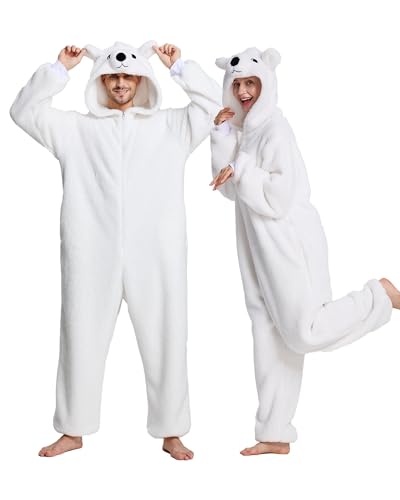 ANMIBOBU Unisex Adult Onesie Pajamas Animal Cosplay Halloween Costume One Piece Plush Sleepwear Homewear(White Bear-S)
