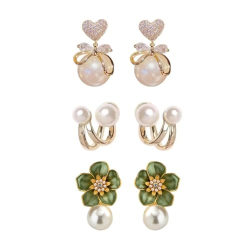 Boucles d'oreilles perles lot de 3 Estailo fleur et style minimaliste pour femme élégante