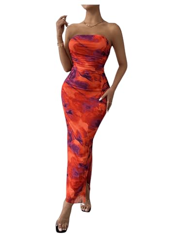 Image of GORGLITTER Women's Floral Strapless Bodycon Wedding Guest Dress Vacation Summer Birthday Tropical Maxi Long Sun Dresses