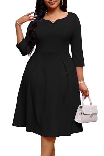 Image of Nmoder Fit-and-Flare Midi Dress V-Notch Neck Casual Dress Side Pockets | V-notch neckline;A-line swing silhouette; Soft breathable fabric; Perfect for church wedding guest work daily wear