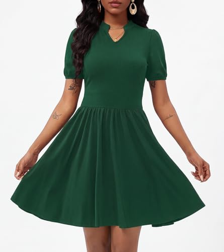 Image of Women's V Neck Summer Dress Puff Short Sleeve Flowy Stretchy Flowy Comfort Fit for Daily Wear Work Midi Casual Dresses