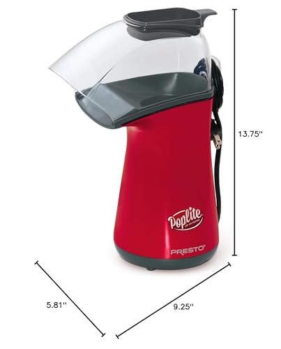 Image of Presto 04863 Poplite Hot Air Popcorn Popper - Built-In Measuring Cup + Melts Butter, Easy to Clean, Built-In Cord Wrap, 18 Cups, Red
