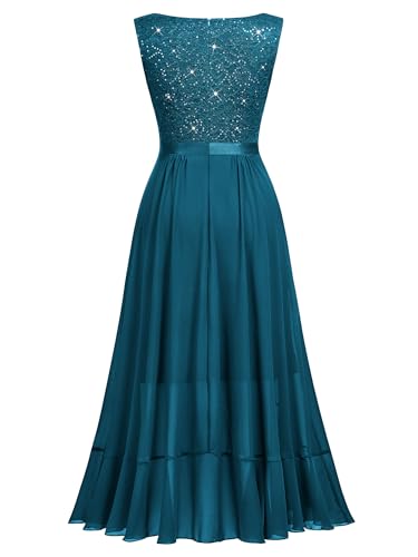 Image of Miusol Women's Vintage V-Neck Sleeveless Sequined Floral Lace Ruffle Split Evening Party Dress | Deep V-neck, sleeveless, sequin lace, ruffle design dress, suit for cocktail party, wedding and banquet