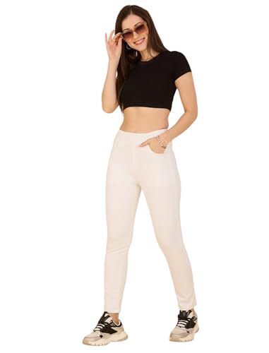 Image of 4FLIES Women's High Waist Jeggings | Super Combed Slim Fit Ankle-Length Pants with Elastic Waistband | Comfortable Denim Look Leggings for Casual, Travel & Office Wear