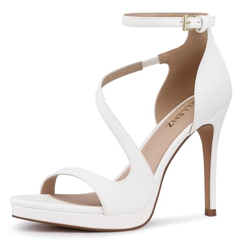 CELLENZ Stiletto Women High Heels: Platform Heel for Women Dressy - White Heels Sandals Comfortable - Strappy Heeled Wedding Prom Shoes Size 8.5