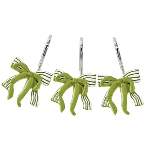 Aldopein 12PCS Cute Bow Decorative Shower Curtain Hooks for Spring Floral Elegant Chic Grils Kids Shower Curtains Hooks Metal Rustproof Boho Sage Green Trendy Shower Curtain Rings Bathroom Decoration