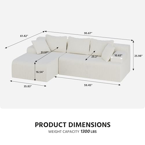 Image of LAUSAINT HOME 96 inch Modular Sectional Sofa Couches, L-Shaped Boneless Cloud Sofa with 3 Deep Seat, 5 Cushiones Oversized Chaise for Living Room, Bedroom, Plush Corduroy Fabric (Left, Beige)