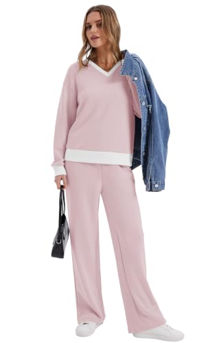 Image of WIHOLL Lounge Sets for Women 2026 V Neck 2 Piece Outfits Airport Wide Leg Pants Matching Set Sweatsuits