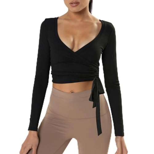 Wickeloberteil Damen,Yoga Top Damen Mit Langen Ärmeln V-Ausschnitt...