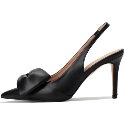 Image of Women's Slingback Heels with Bow Pointed Toe Pumps with Elasticated Strap 3.3 inch High Heels for Evening Dress Shoes