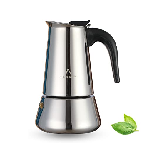 Image of Atlasware Stainless Steel Coffee Maker | Filter Coffee Black Tea Pot Compatible with Induction, Gas Stove | Durable Compact BPA Free Espresso Percolator for Home, Kitchen and Travel (Silver, 4 Cup)