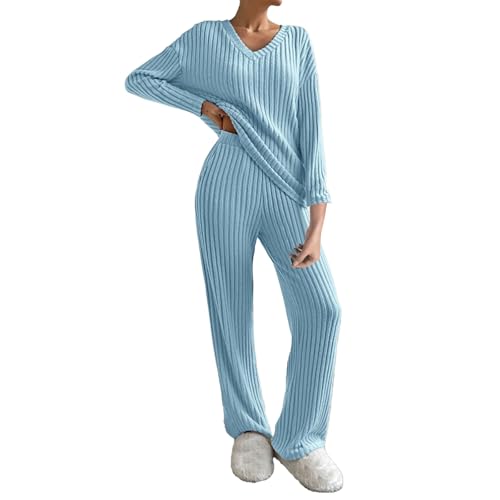 MJGkhiy Chándal de mujer de punto acanalado de invierno, elegante, suéter de manga larga y pantalones de pierna ancha completa de casa suave 2 piezas conjuntos conjuntos ceremonia cómodos monos