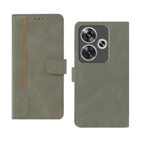 Image of amazon basics Poco F6 5G Flip Cover | Card Pockets Wallet & Stand | Flip Cover for Poco F6 5G (Gray with Beige Strip)