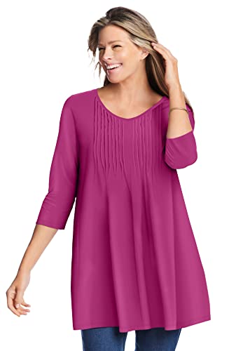 Woman Within Women's Plus Size V-Neck Pintucked Tunic - 22/24, Navy Marigold Floral Blue #TOP5