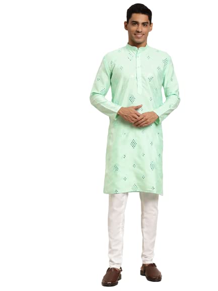 Image of SOJANYA (Since 1958 Men's Cotton Blend Navy Blue & Black Printed Kurta & White Churidar Pyjama Set