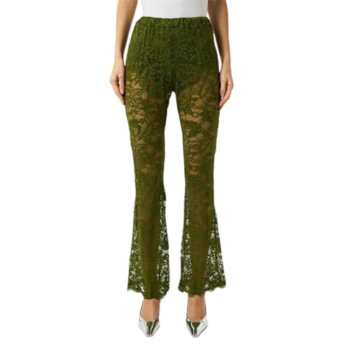 SOLILOQUY Women Floral Lace Pants High Waist Bell Bottom Pants Sexy Semi See-Through Flare Pants Sheer Mesh Pants