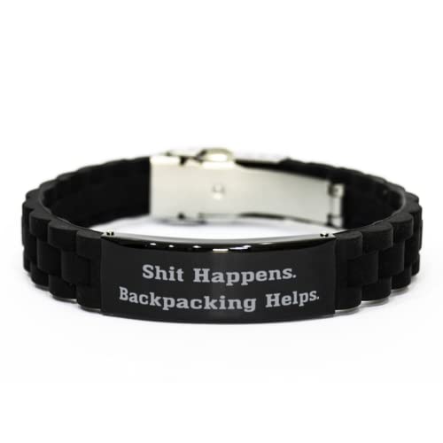 Game On Novelties Cheap Backpacking Gifts, Shit Happens. Backpacking Helps., Funny Holiday Black Glidelock Clasp Bracelet from Men Women