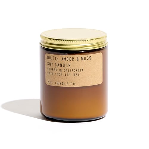 P.F. Candle Co. Amber & Moss Classic Standard Scented Soy Wax Candle (7.2 oz) 40-50 Hour Burn Time, Amber Glass Jar, Made in The U.S.A.