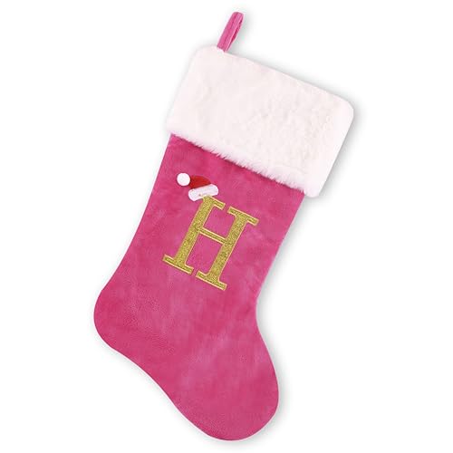 BELISHMIE 20-inch Personalized Pink Faux Velvet Stocking with Embroidered Gold Letter – Luxurious Christmas Decoration and Gift, Plush Finish (Pink-H)
