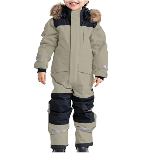 Children Ski Suit Insulated Snow Bib Overalls Thermal Warm Windproof Snowsuit with Removable (Khaki #4, 12-13 Years)