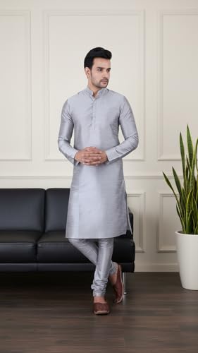 Image of Sadree Men's Silk Blend Mandrin Collor Full Sleeve Knee Length Indian Kurta Chudidar Pyjama Set