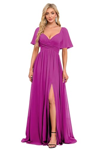 Image of Women's Flutter Sleeves Chiffon Bridesmaid Dresses with Slit Long A Line V-Neck Formal Party Dress with Pockets