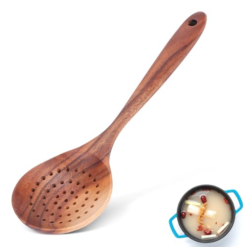 Cuchara ranurada de madera, cucharón perforado de madera de teca de primera calidad para cocinar, cuchara ranurada con mango largo de 28 cm para colar y escurrir, utensilio de cocina de madera
